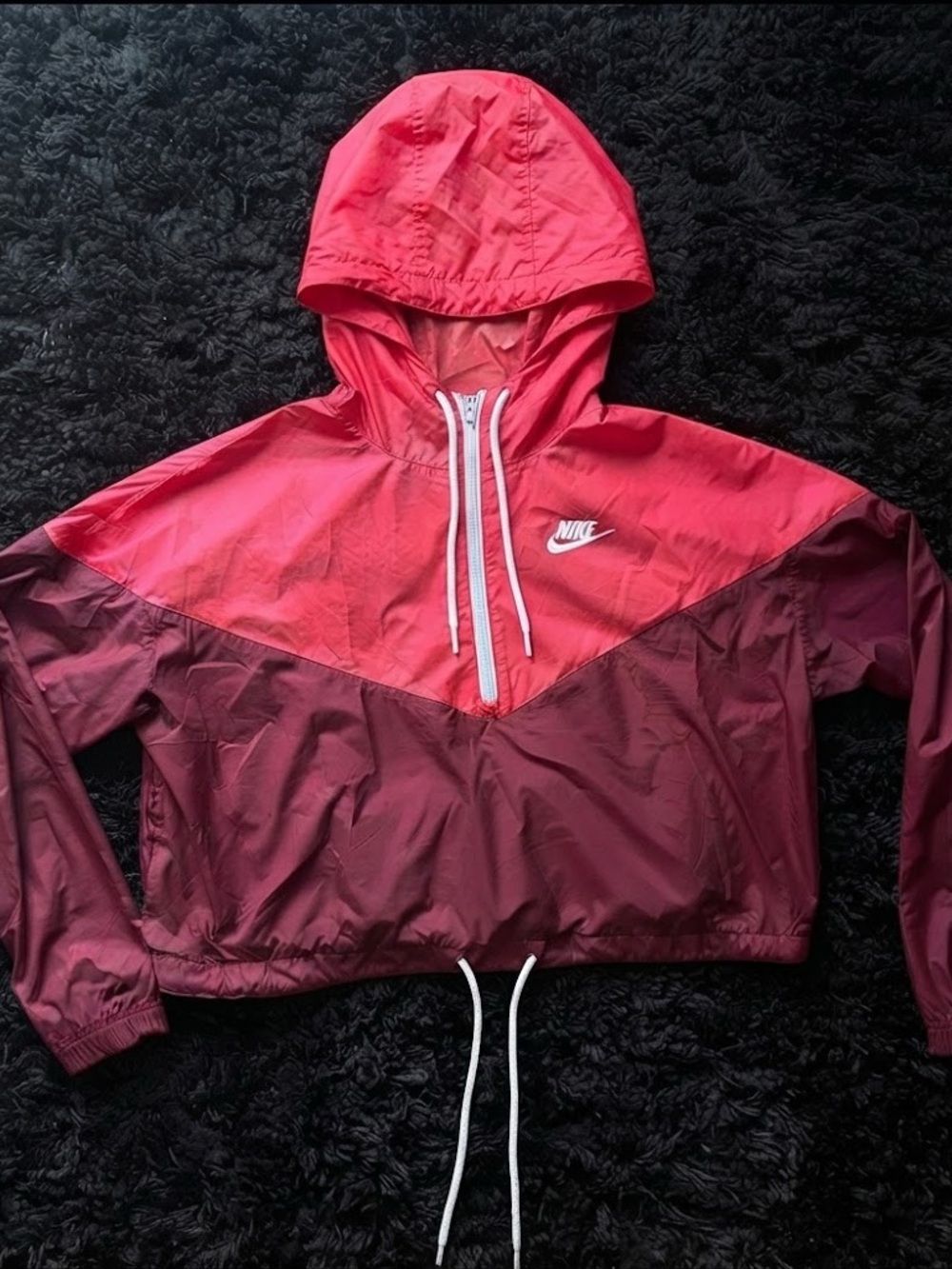 Nike Women's Cropped Pink and Burgundy Hooded Windbreaker